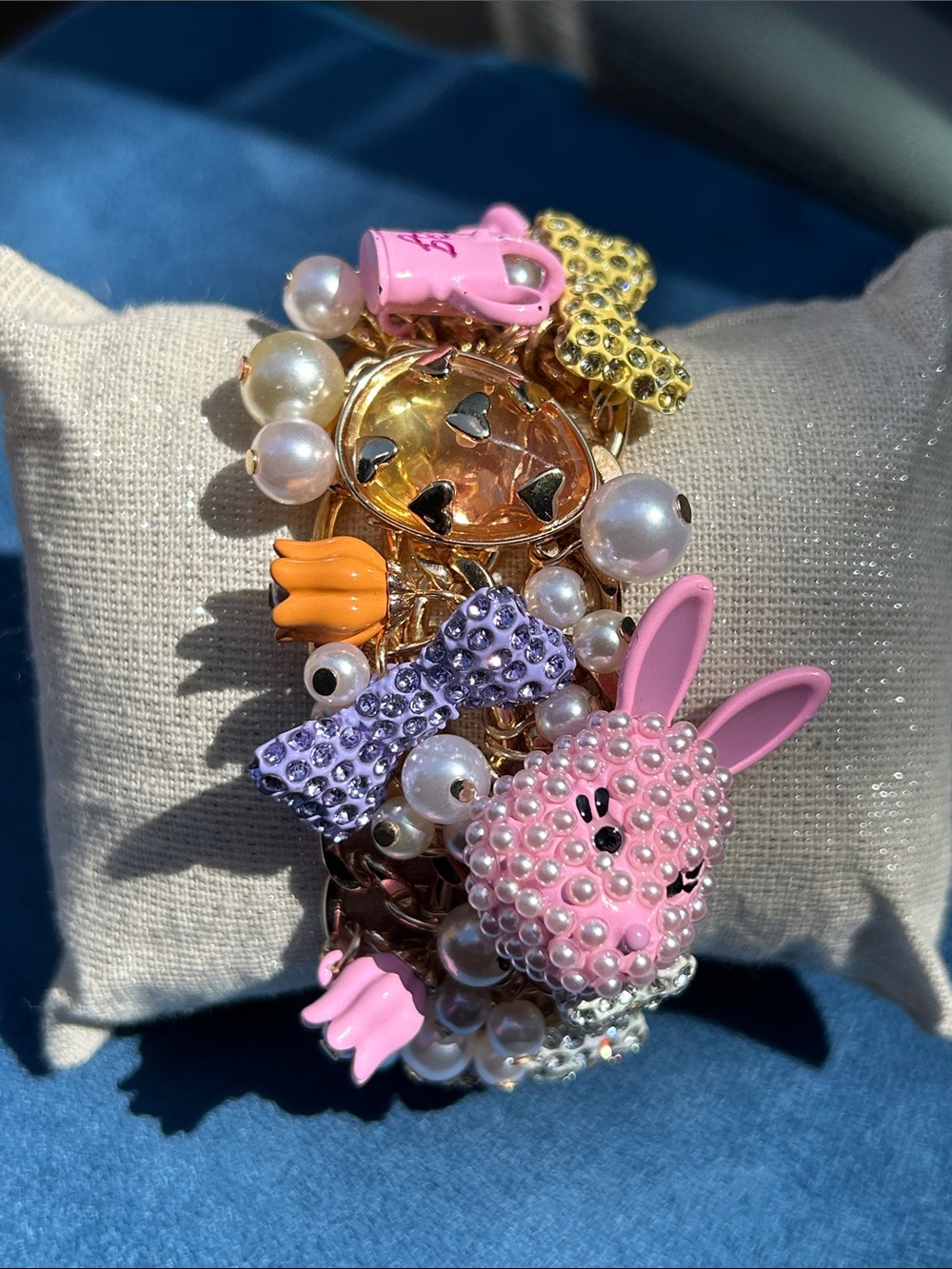Betsey Johnson Pink Purple Pearl Charm Bracelet with Gold Chain 8”